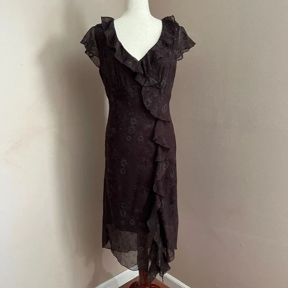 Fairy Grunge Vintage‎ CDC Brown Ruffle Midi Dress Floral Moody Whimsigoth Size 8